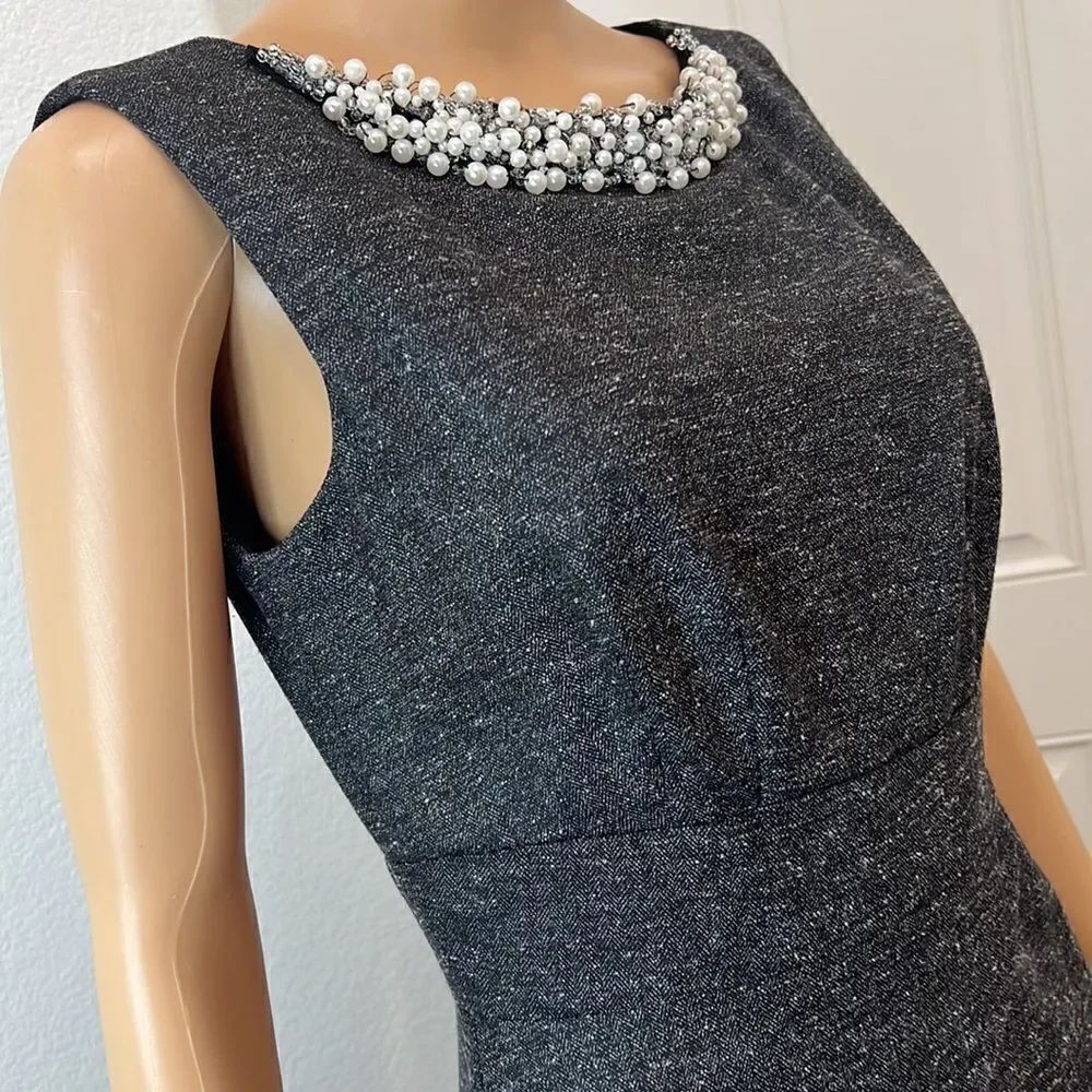 Dress Barn Size 6 Dress Gray Mini Pearl Beaded Scoop Neck Sleeveless Slimming - Picture 4 of 12